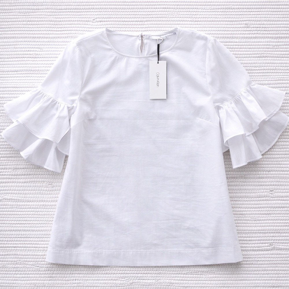 Calvin Klein White Poplin Ruffle Sleeve Blouse XL NWT Summer Chic
